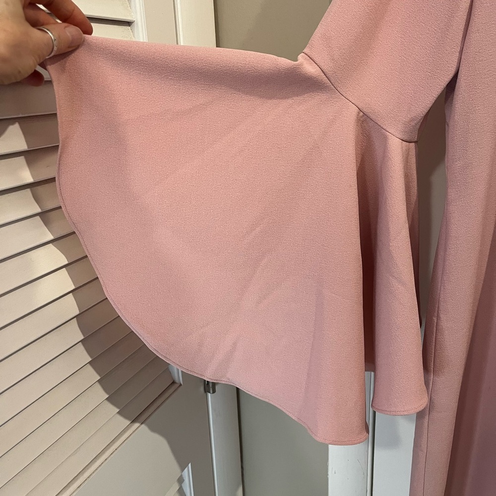 Eliza J Bell Sleeve Crepe Shift Dress Sz 14 Blush Pink Midi Length V Neck - Picture 11 of 14